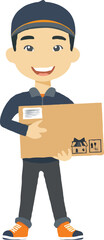 A simple illustration of an Asian delivery man holding up the box cartoon style