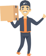 A simple illustration of an Asian delivery man holding up the box cartoon style