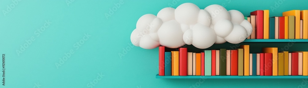 Poster a colorful bookshelf with vibrant books and a cloud, creating a whimsical and imaginative reading sp