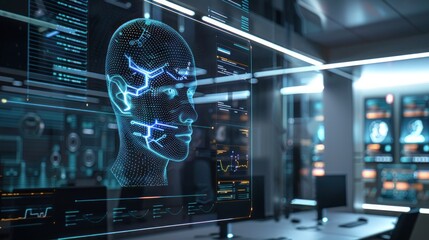 An advanced facial recognition system interface projected onto a transparent screen, displaying complex algorithms and data processing in real-time, set in a modern security room.