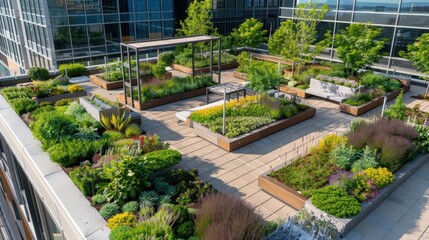 Obraz premium A vibrant rooftop garden showcases an array of plants and greenery against a city skyline