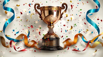 Celebratory trophy surrounded by colorful confetti and ribbons at an award ceremony