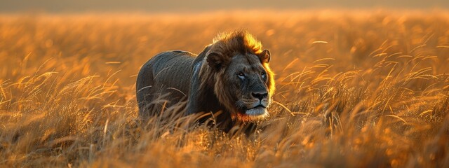 A silhouette of a lion running playfully in a grassy field