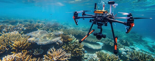An autonomous underwater drone exploring a coral reef with high-tech sensors, 