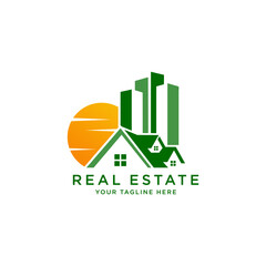 real estate vector logo design with home and sun shape