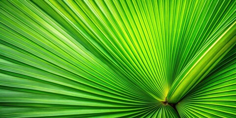 Fototapeta premium Vibrant green palm leaf texture with intricate veins and subtle shadows, evoking a lush tropical ambiance, perfect for immersive widescreen wallpaper backgrounds.