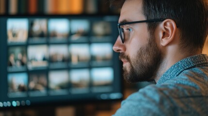 Focused man working on photography editing in a modern office, analyzing images on a large computer screen.