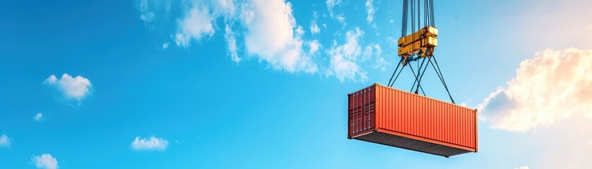 A crane lifting a bright red shipping container against a clear blue sky, symbolizing logistics and transportation.