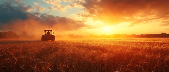 Fototapeta premium Tractor driving through a golden field at sunset.