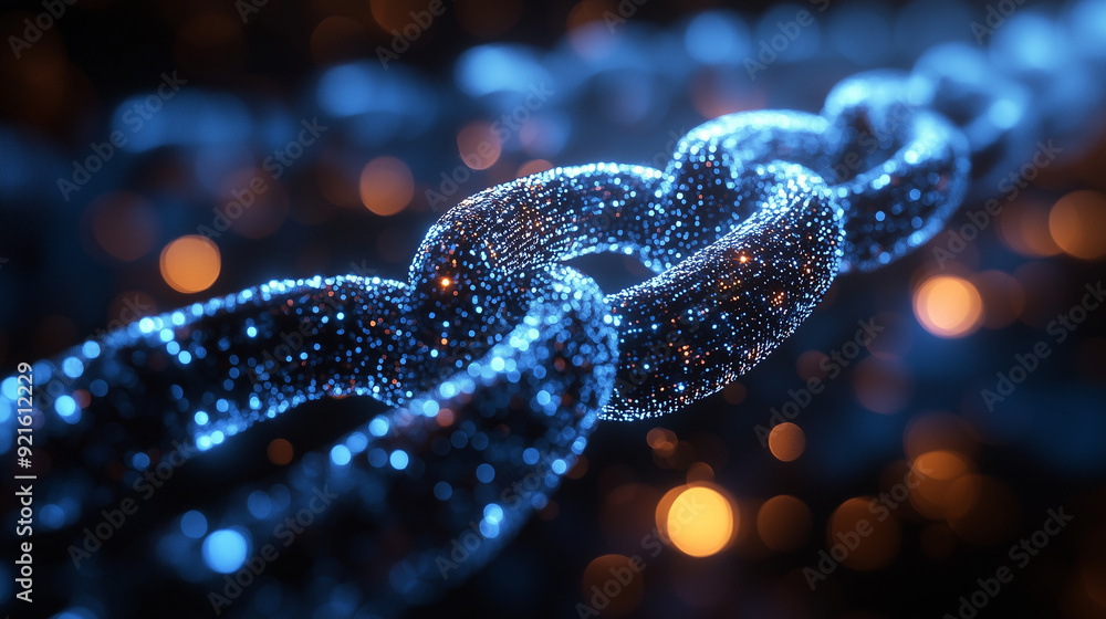 Poster digital chain: a stylized abstract 3d rendering of a chain, composed of shimmering blue particles, a
