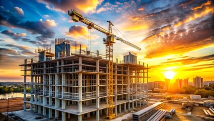 Building under construction, crane and building construction site on sunset daytime, industrial development 