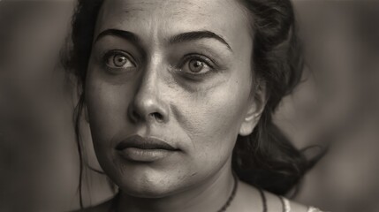 Fototapeta premium Generative AI, Reflective serenity and the timeless beauty captured in the deep gaze of a young woman