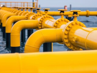 Industrial yellow pipeline over water, showcasing modern engineering and infrastructure in marine environments.