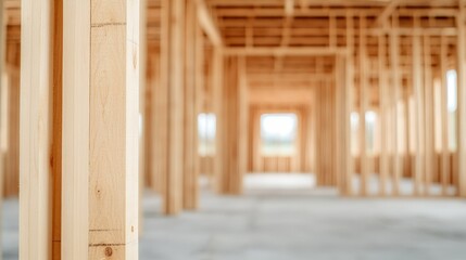 Interior shot of a wooden frame construction site, showcasing the structural elements and open space design.
