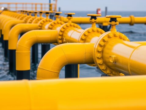 Industrial yellow pipeline over water, showcasing modern engineering and infrastructure in marine environments.