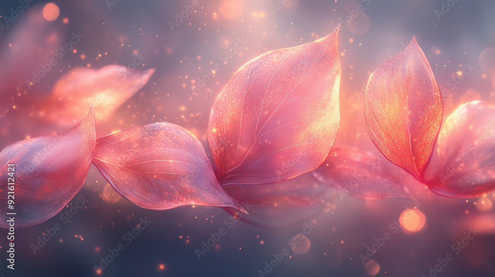 Poster ethereal bloom: a delicate arrangement of soft pink petals, bathed in a magical glow, evokes a sense
