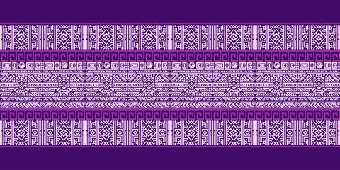 Purple ethnic pattern with geometric shapes and tribal motifs. Seamless texture for fabric, wallpaper design.