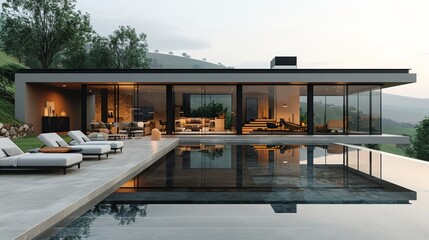Fototapeta premium Modern villa with expansive glass walls overlooking tranquil hills at dusk