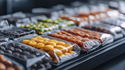 Vibrantly packaged healthy snacks are being sealed with plastic film amid the hustle and bustle of a dynamic production line.