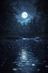 Enchanting view of a glistening lake mirroring the moonlight, as fairies twirl in the soft glow of sunlight filtering through the leaves and around the timeworn boulders.