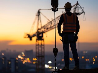Silhouette of a construction worker at sunset, overlooking cranes and city lights, representing hard work and dedication.