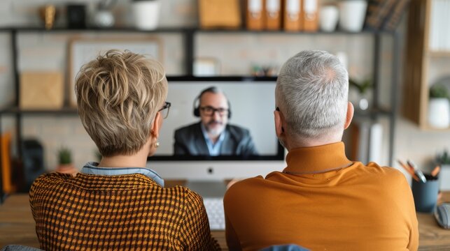 Two people engaged in a video call on a computer, showcasing modern communication and connection in a cozy workspace.