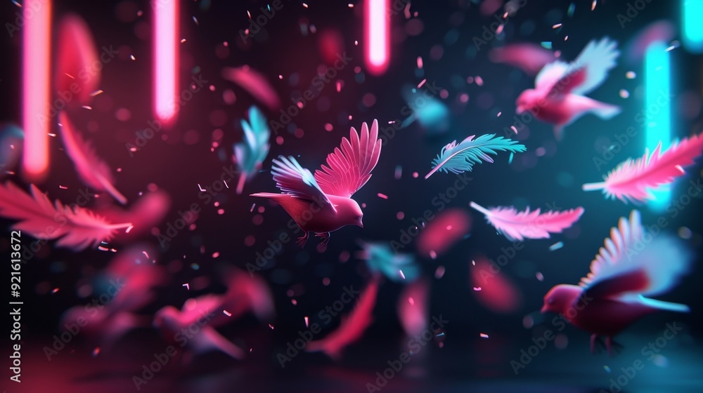 Poster vibrant depiction of colorful birds in motion, accentuated by neon lights creating a dynamic and art