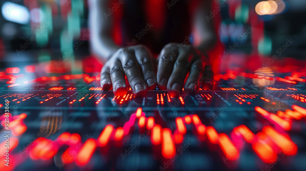 Poster commanding the data flow: a close-up shot of a person's hands interacting with a futuristic, glowing