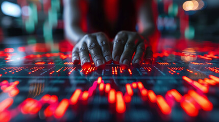 Commanding the Data Flow: A close-up shot of a person's hands interacting with a futuristic, glowing red data interface, highlighting the power and precision of technological control in a dark, abstra