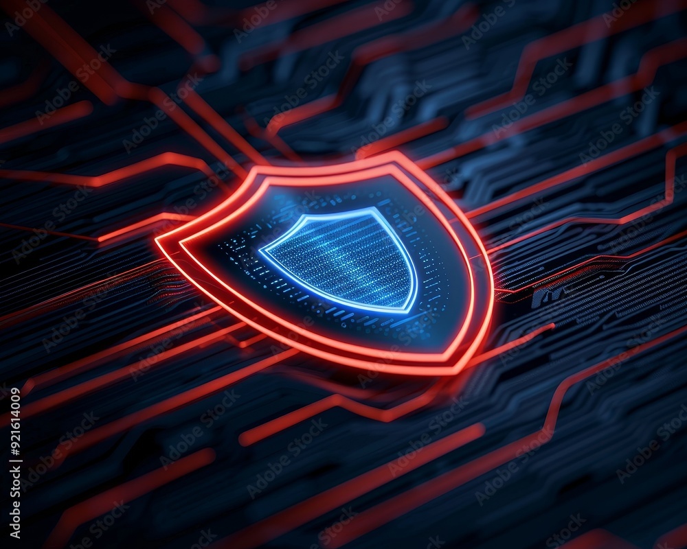 Poster digital shield symbol representing cybersecurity and protection against data breaches in a modern te