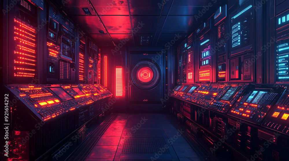 Poster cyberpunk control center: a futuristic command center bathed in neon light, featuring rows of comple
