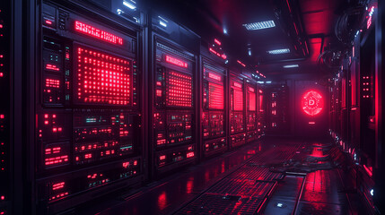 Obraz premium Neon Red Server Room: A futuristic, high-tech server room bathed in glowing red neon light, with rows of intricate servers and digital displays. The image evokes a sense of mystery, power, and technol