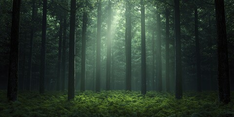 Obraz premium Breathtaking view of a magical glade where soaring trees form a serene refuge, beckoning adventurers to discover the secrets of nature's beauty.