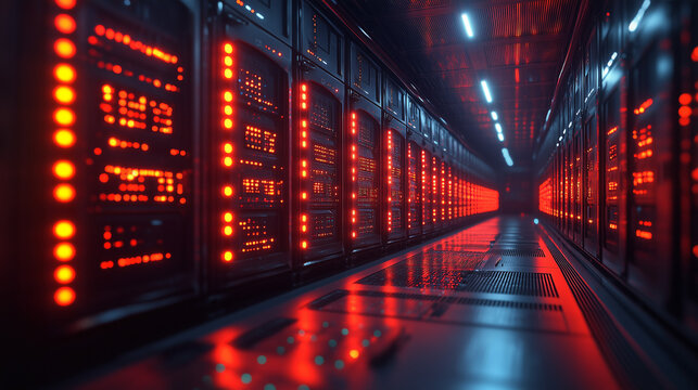 Digital Inferno: A labyrinth of glowing red servers power the future in this futuristic technology image. 
