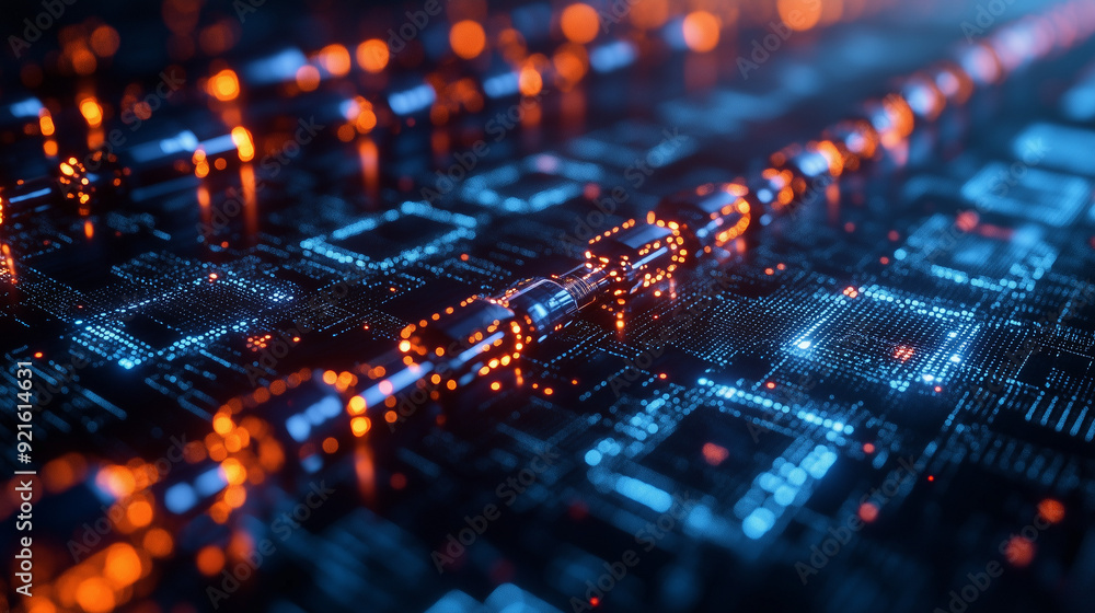 Poster digital circuitry: a mesmerizing abstract close-up of a futuristic, glowing circuit board, with intr