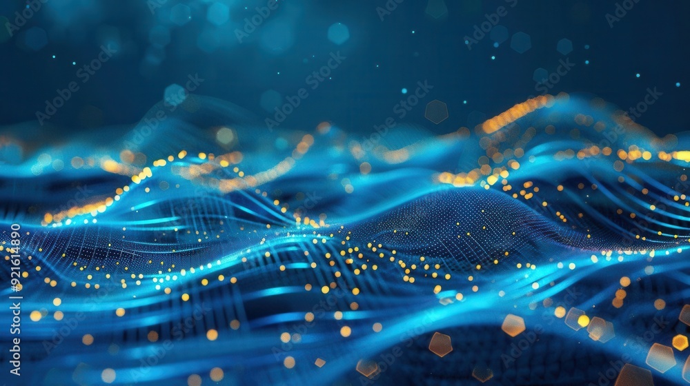 Poster abstract blue and gold wave of particles. digital technology, data flow concept.