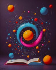 Obraz premium Opened book with abstract colorful flying spheres and lines on dark background