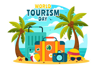World Tourism Day Vector Illustration featuring a Globe and Famous Landmarks, Architectural Monuments, and National Statues in a Cartoon Background