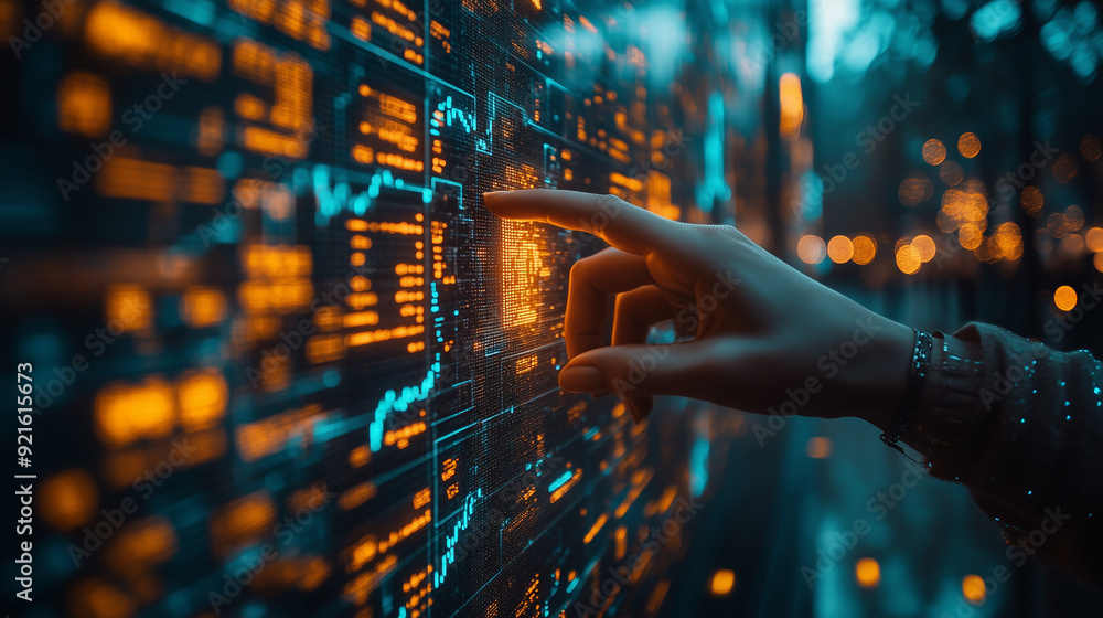 Poster data-driven decisions: a close-up shot of a hand interacting with a dynamic, glowing digital display