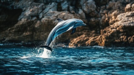 Fototapeta premium Dolphin Leaping Out of the Water Near a Rocky Coastline