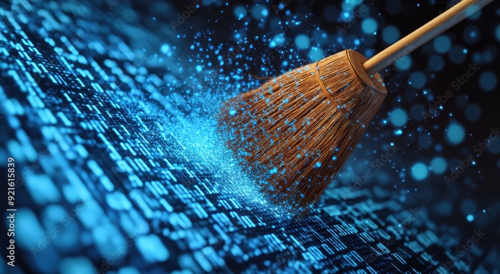 Aufkleber broom sweeping up the dust from binary code, symbolizing cleaning and data harvesting in digital mar