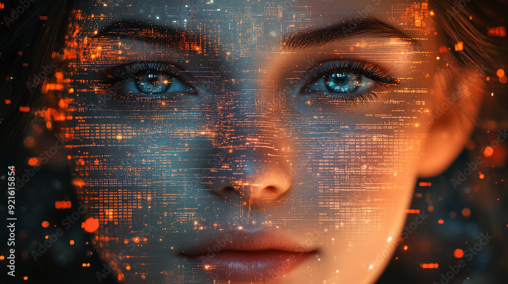 Poster digital eve: a woman's face illuminated by the ethereal glow of binary code, symbolizing the fusion 