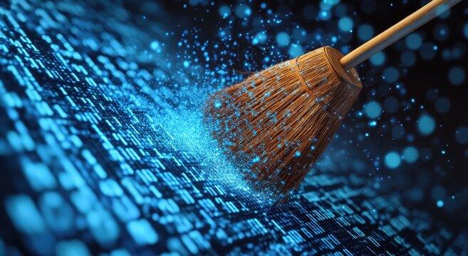 Broom sweeping up the dust from binary code, symbolizing cleaning and data harvesting in digital marketing.