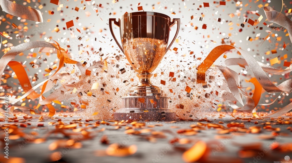 Sticker Celebration of victory with a trophy, confetti, and orange ribbons in a festive atmosphere