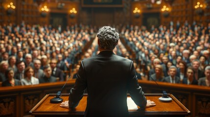 A speaker addresses a large audience in a historic legislative chamber during a public session