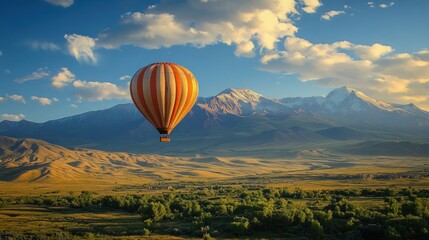 Fototapeta premium air balloon flying in the amazing grasslands and mountains