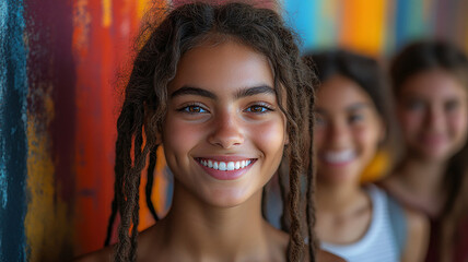 Fototapeta premium Collage of diverse students smiling on a vibrant color background, symbolizing back to school excitement, high resolution.