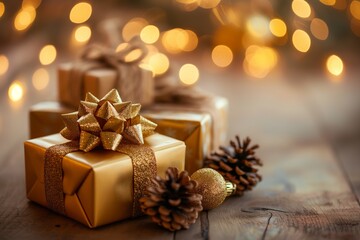 Christmas day greeting card, tree, gift, copy space