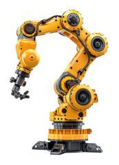 Robotic arm manipulating small parts, white background, industrial innovation