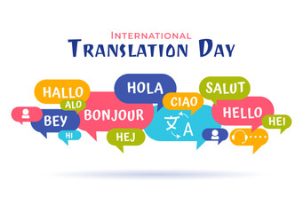 World Translator or Translation Language Day Illustration with Hello Greetings in Different Countries and Multilingual International Communication © denayune